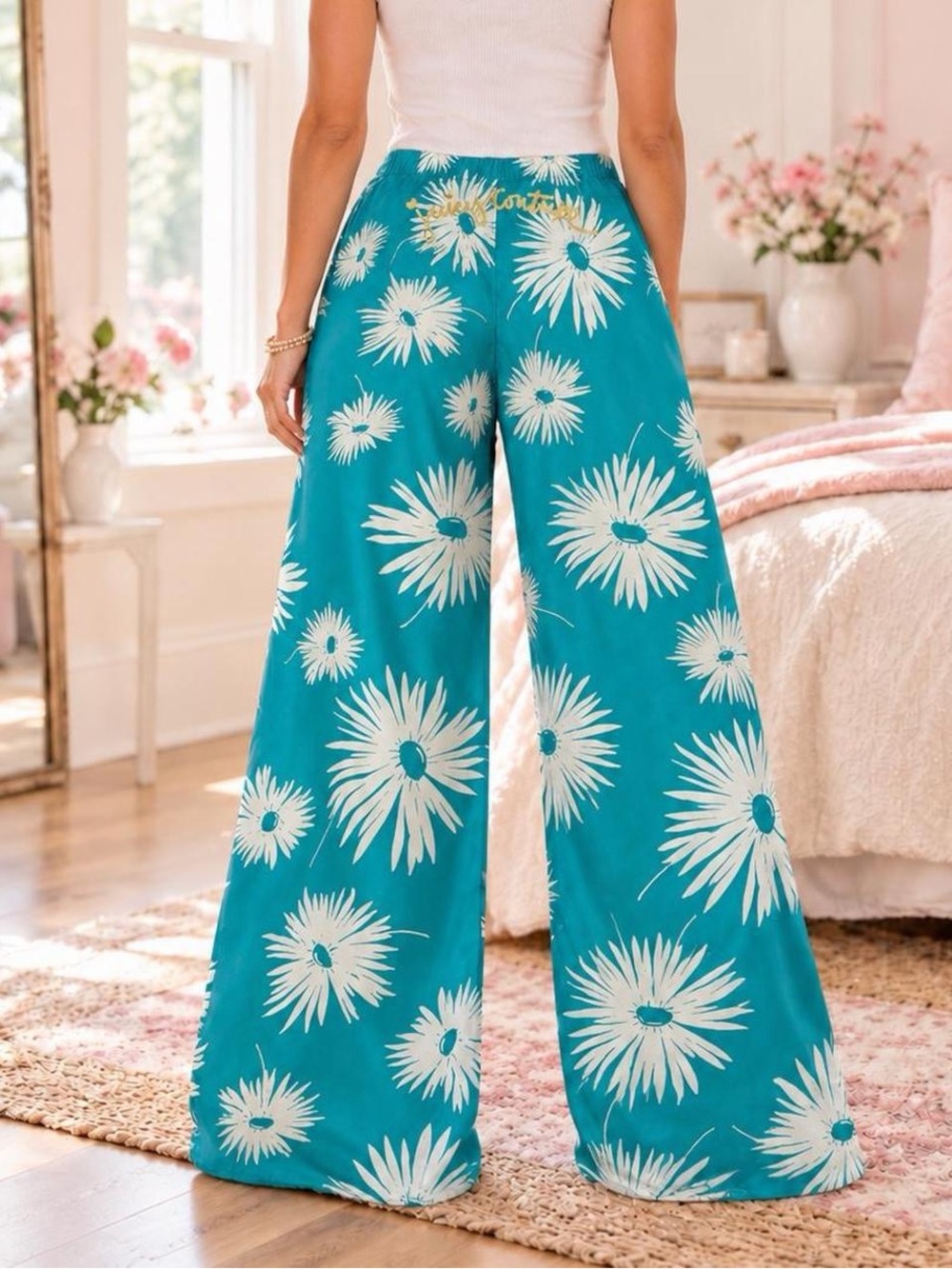 Vintage Juicy Couture Teal Floral Wide Leg Lounge Pants Size Small